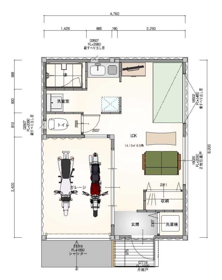一人暮らし向け平屋のガレージハウス